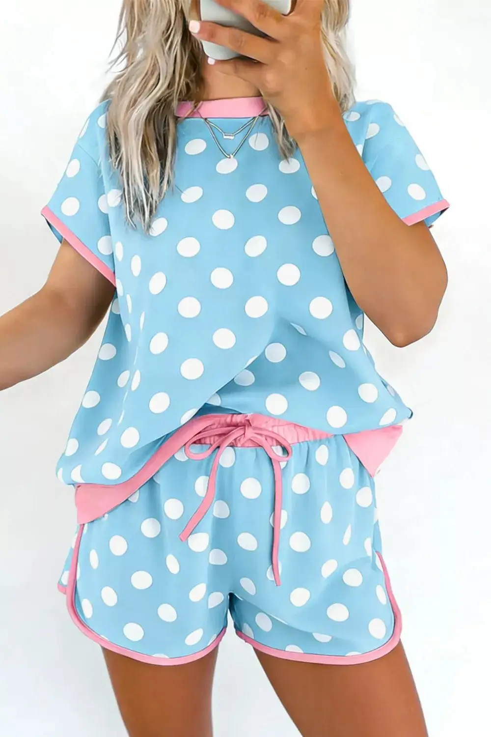 Polka Dot Contrast Trim Top Drawstring Shorts Set