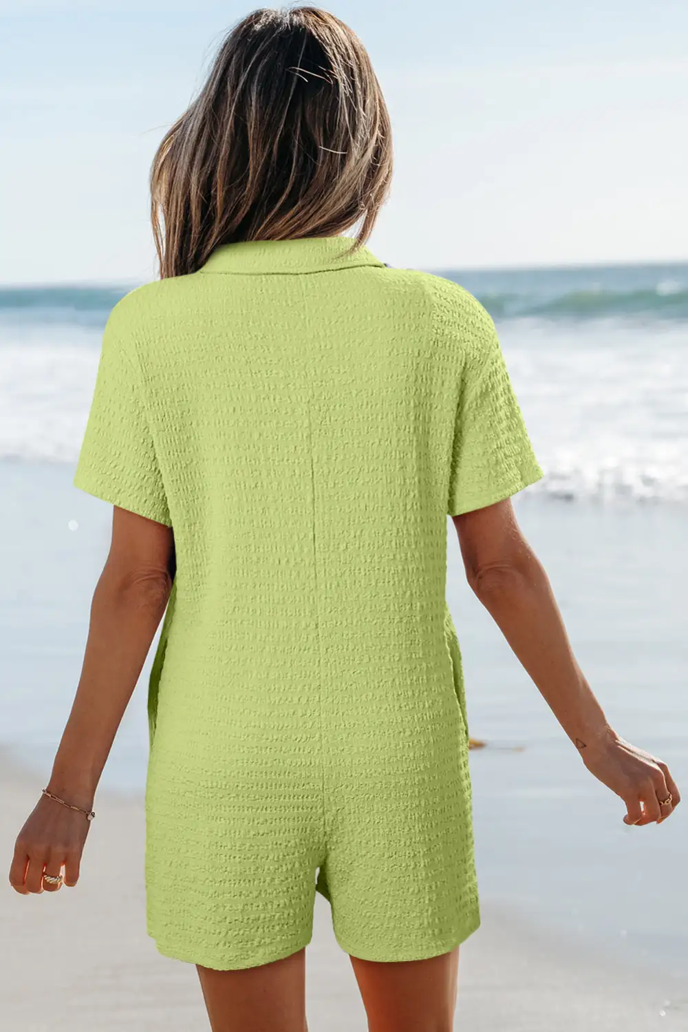 Textured Short Sleeve Patched Pocket Buttoned Shirt Romper