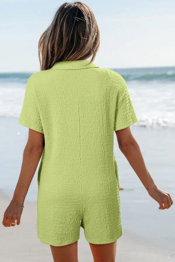 Textured Short Sleeve Patched Pocket Buttoned Shirt Romper