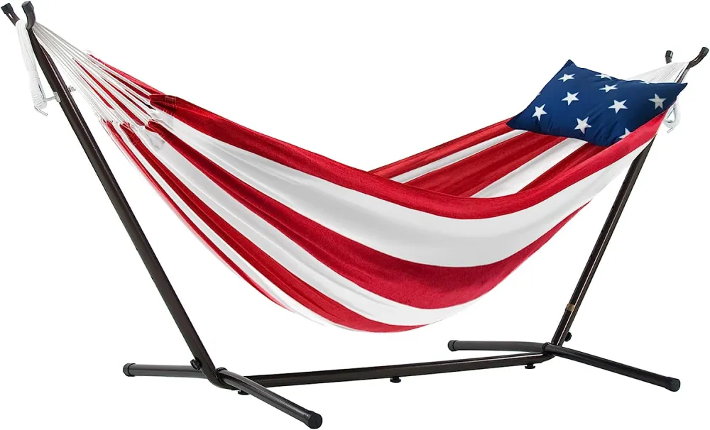 Double Cotton Hammock with Space Saving Steel Stand, Tropical (450 lb Capacity - Premium Carry Bag Included)