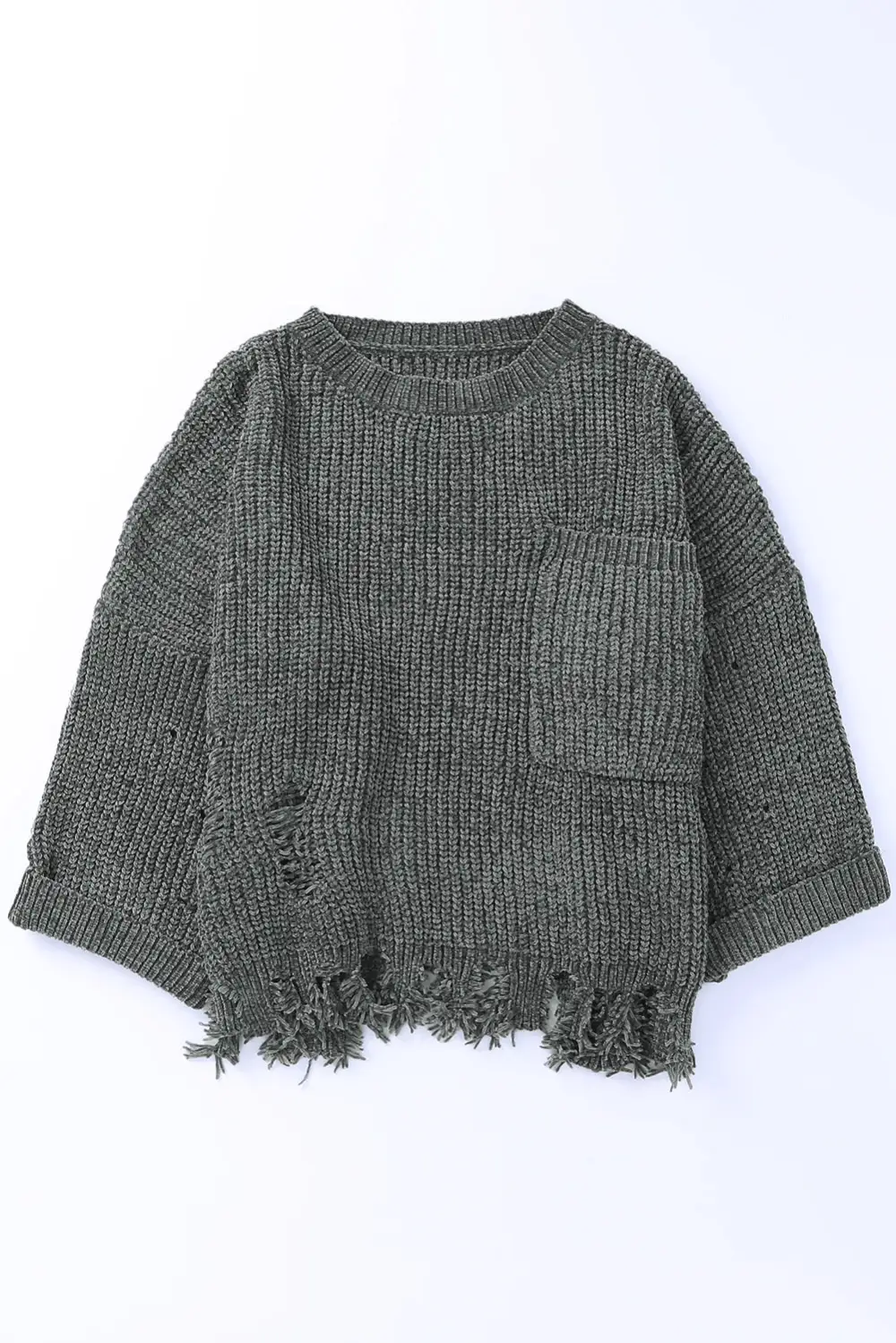 Distressed Round Neck Drop Shoulder Sweater