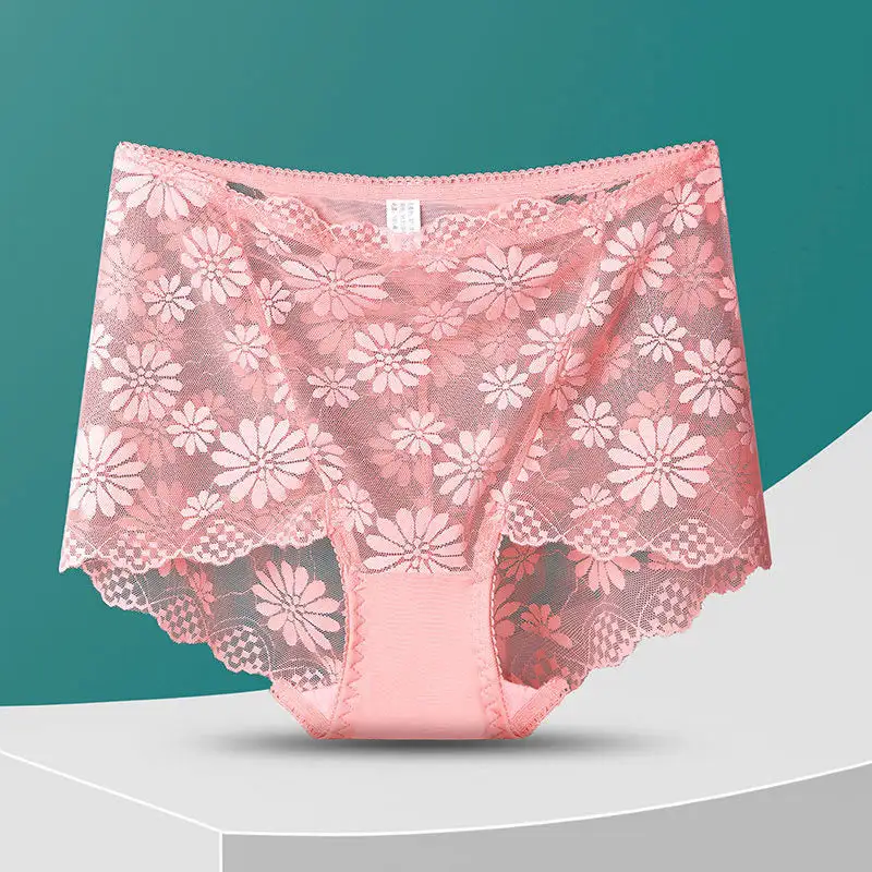 Plus Size High Waist Lace Trim Breathable Panty