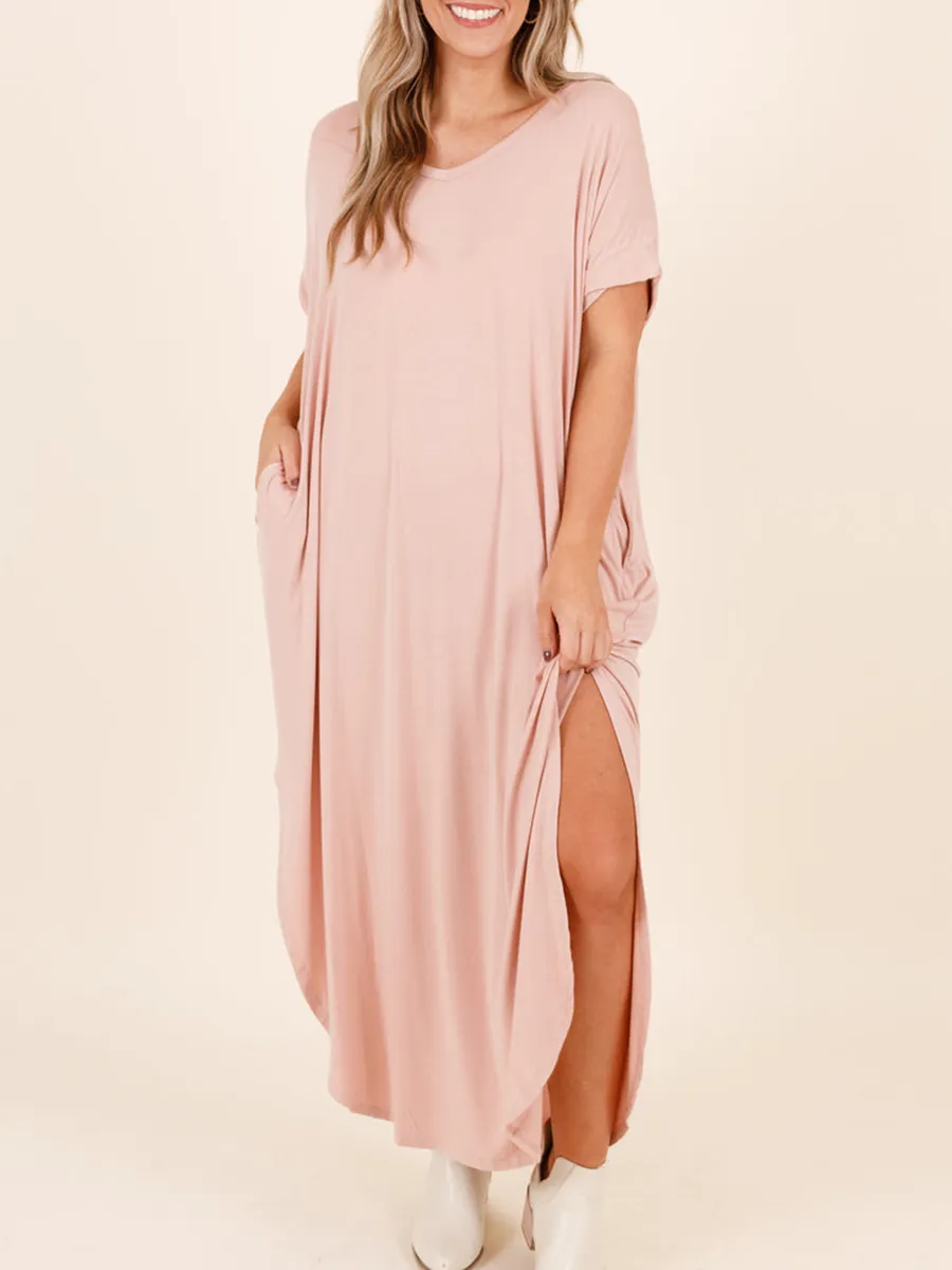 Short Sleeved Ultra Long Dress With Curved Split Hem