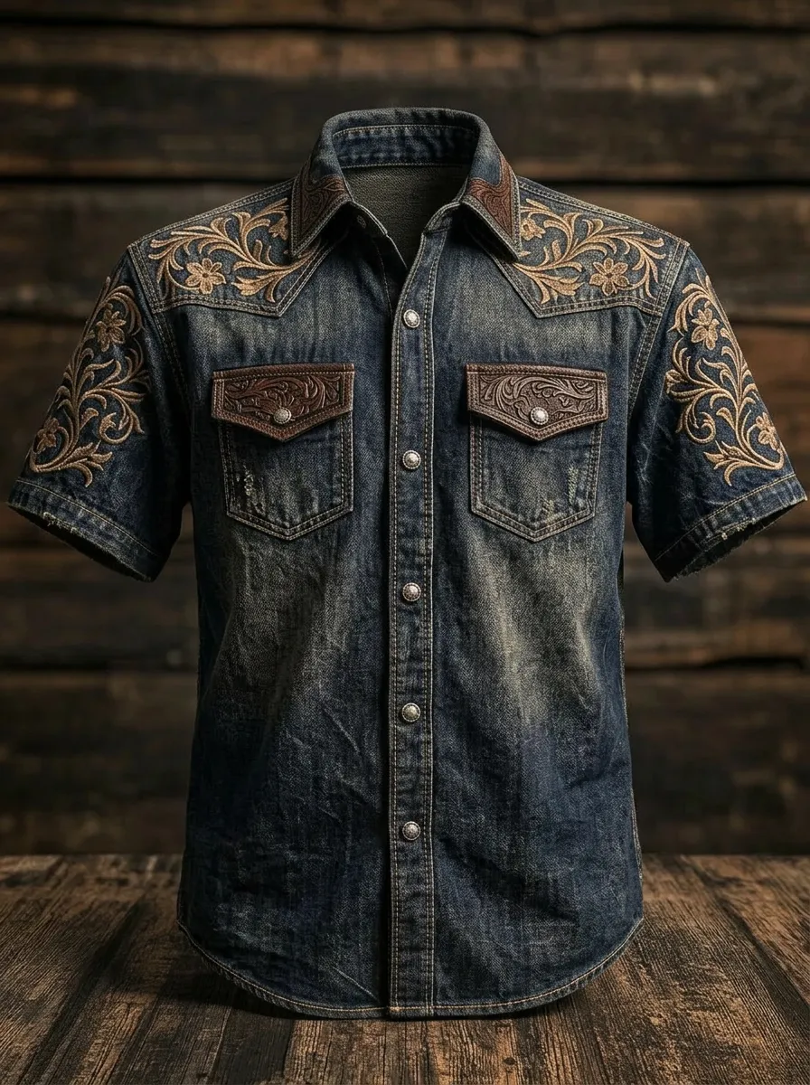 Men's Western Cowboy Floral Tooled Leather Print Denim Shirt-3