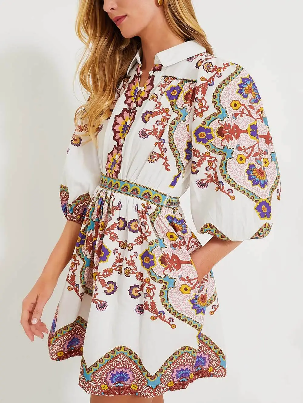 Unique Print Puff Sleeve Pocketed Mini Dress