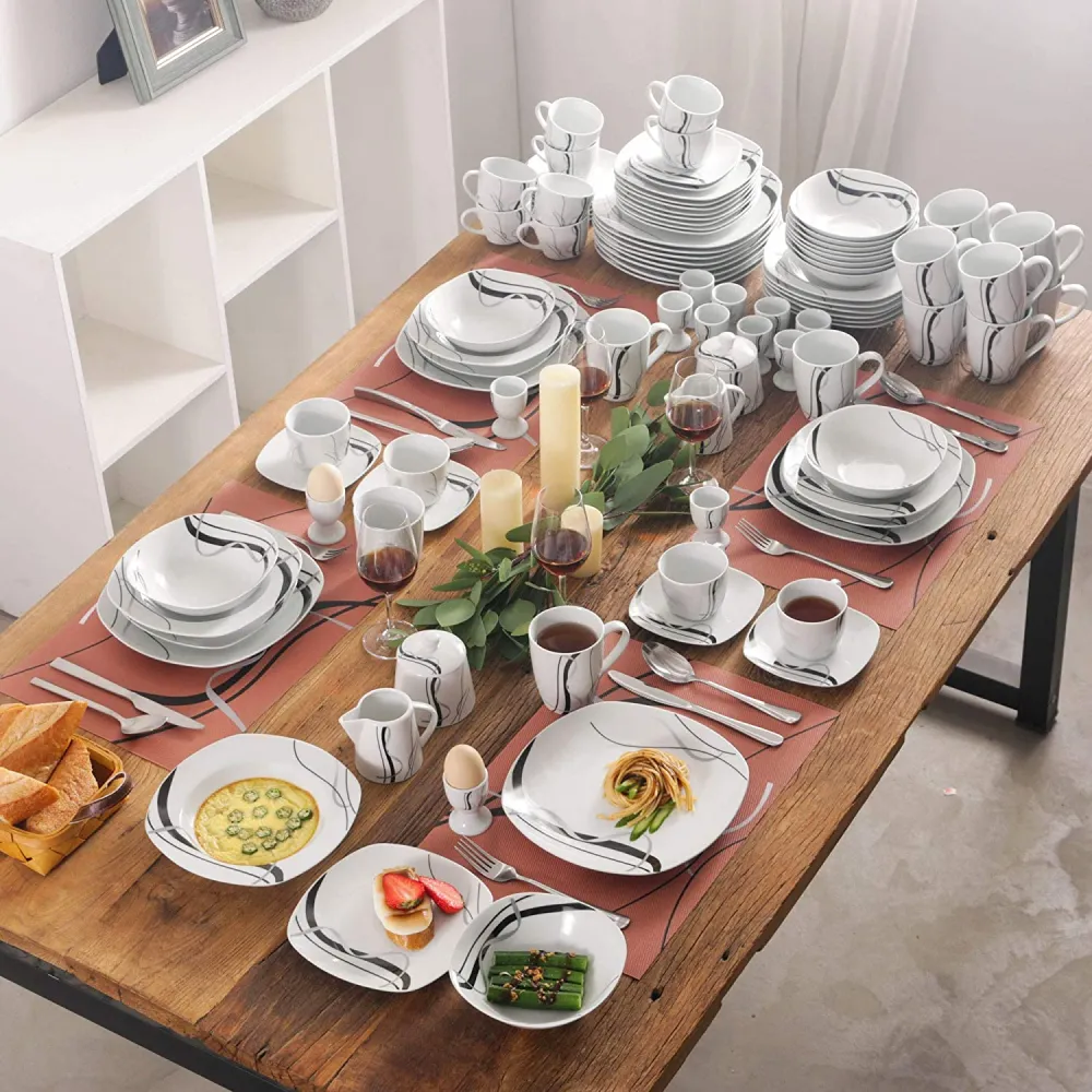 VEWEET, Series Fiona, 100-Piece Plates and Bowls Sets for 12, Including Porcelain Dishes Sets, Bowls, Mugs, Egg Cups, Cup and Saucer Set, Milk Jug and Sugar Pot Set, Microwave and Dishwasher Safe