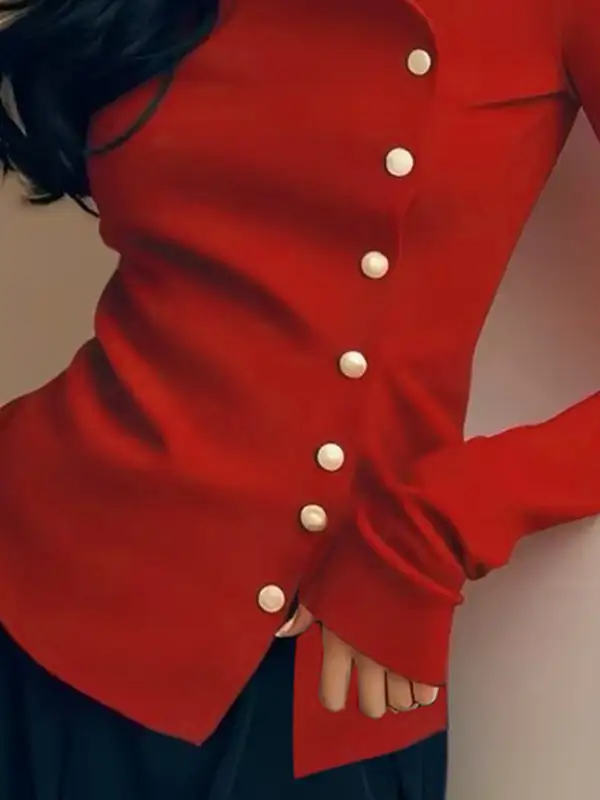 Long Sleeve Slim Fit Button Detail Pleat Detail T-Shirt