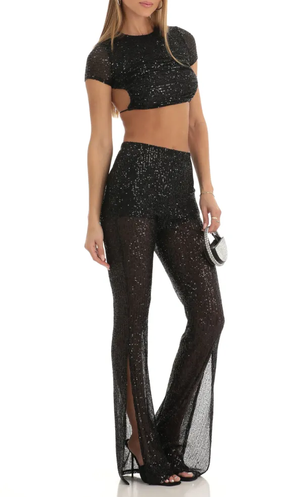Sequin Two Piece Pant Set in Black