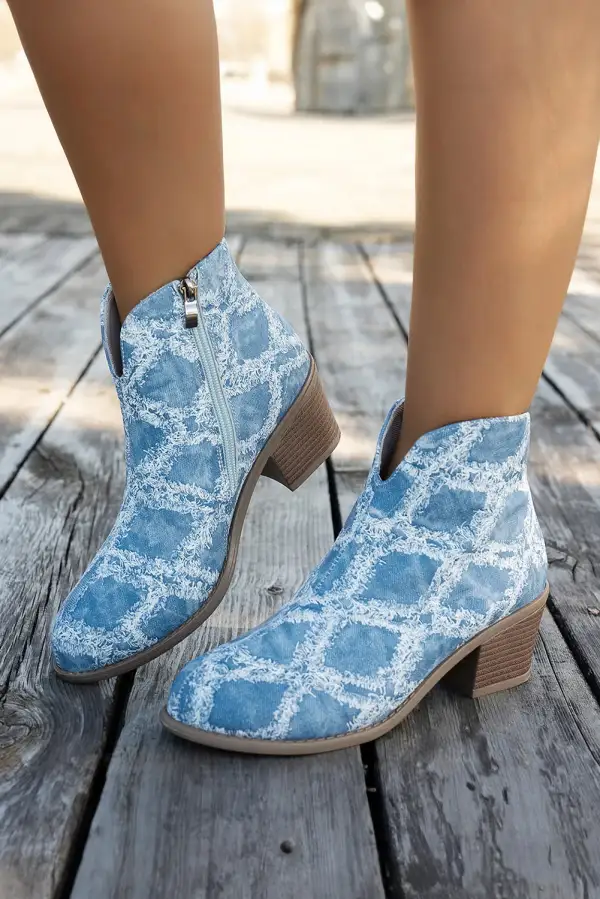 Distressed Denim Rhombus Zip Heeled Ankle Boots