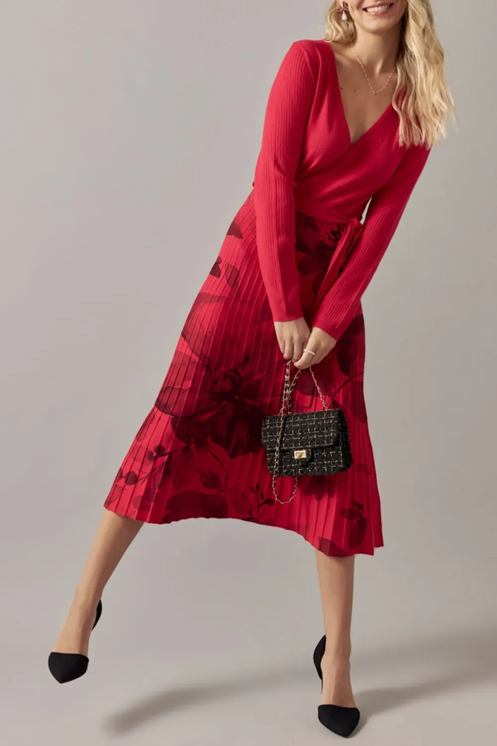 Eleanor Tie Waist Wrap Sweater Midi Dress