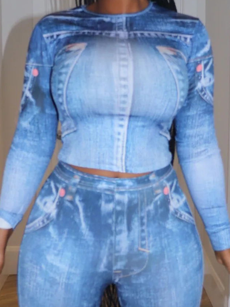 Denim printed top and leggings set