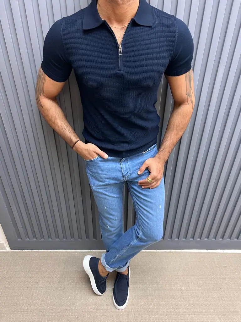 Zip Detailed Polo Neck T-shirt-Dark Blue