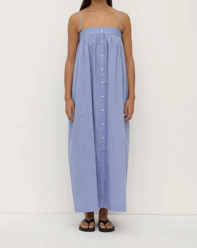 Blue & White Striped Button-Front Maxi Dress