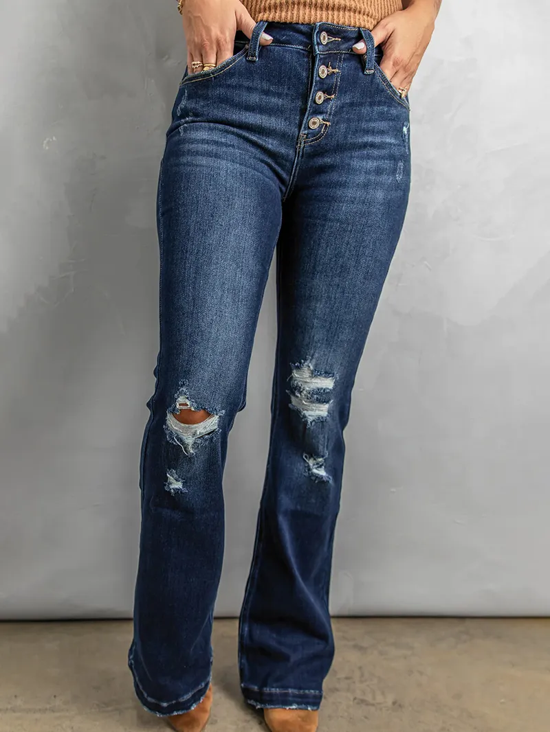 Women's Versatile Button Flared Jeans