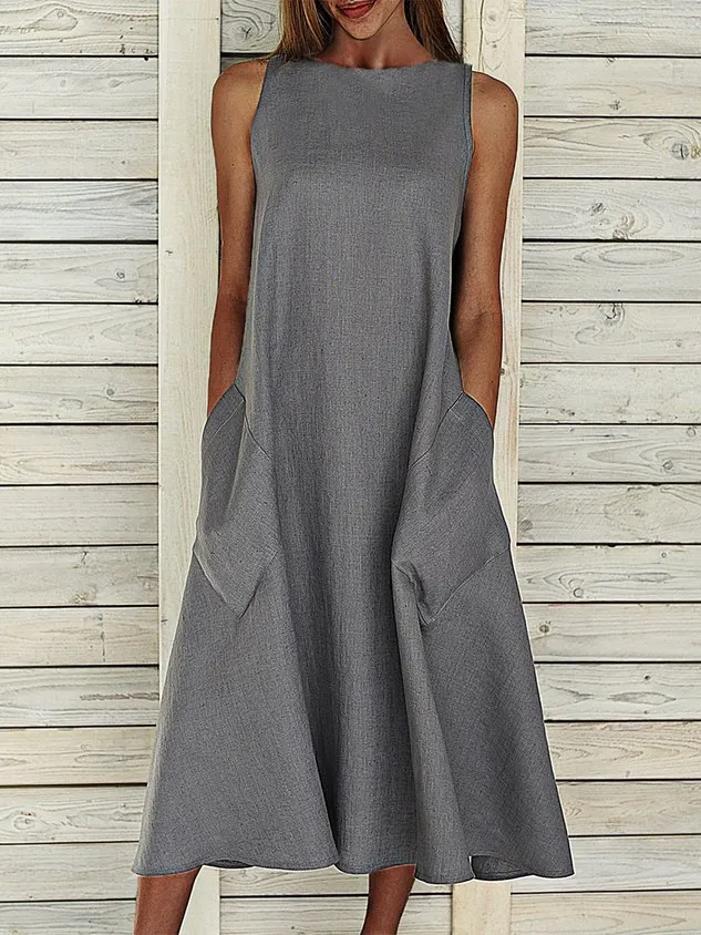 Women Crew Neck Solid Cotton Blend Sleeveless Pocket Dress