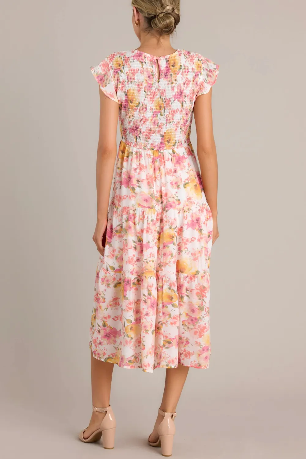 PETAL POWER PINK FLORAL SMOCKED MIDI DRESS