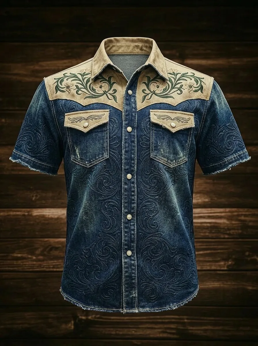 Men's Western Cowboy Floral Embroidered Denim Printed Shirt
