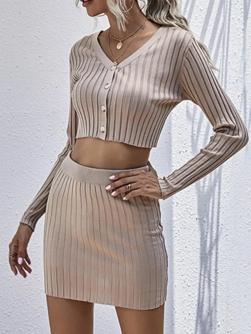 Plain Button Front Knit Detail Coordinated Set