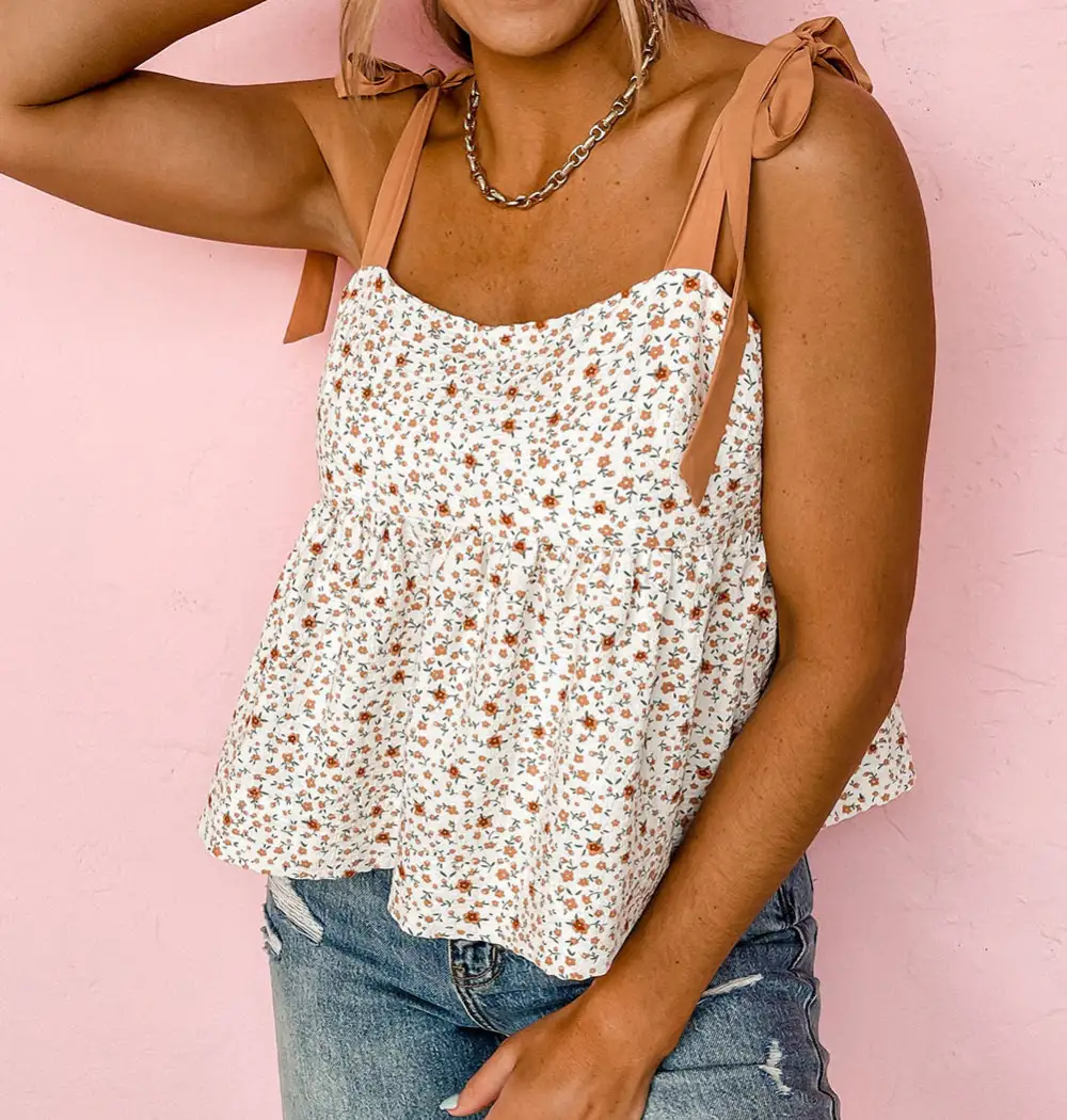 Tied Shoulder Floral Print Babydoll Tank Top