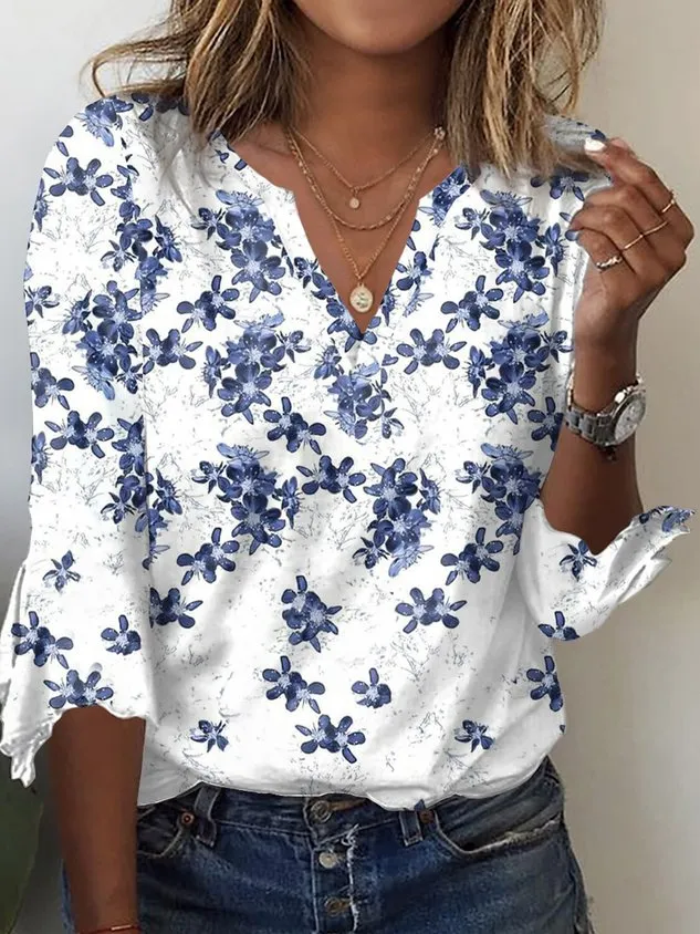 Casual Floral V Neck Three Quarter Sleeve T-shirt