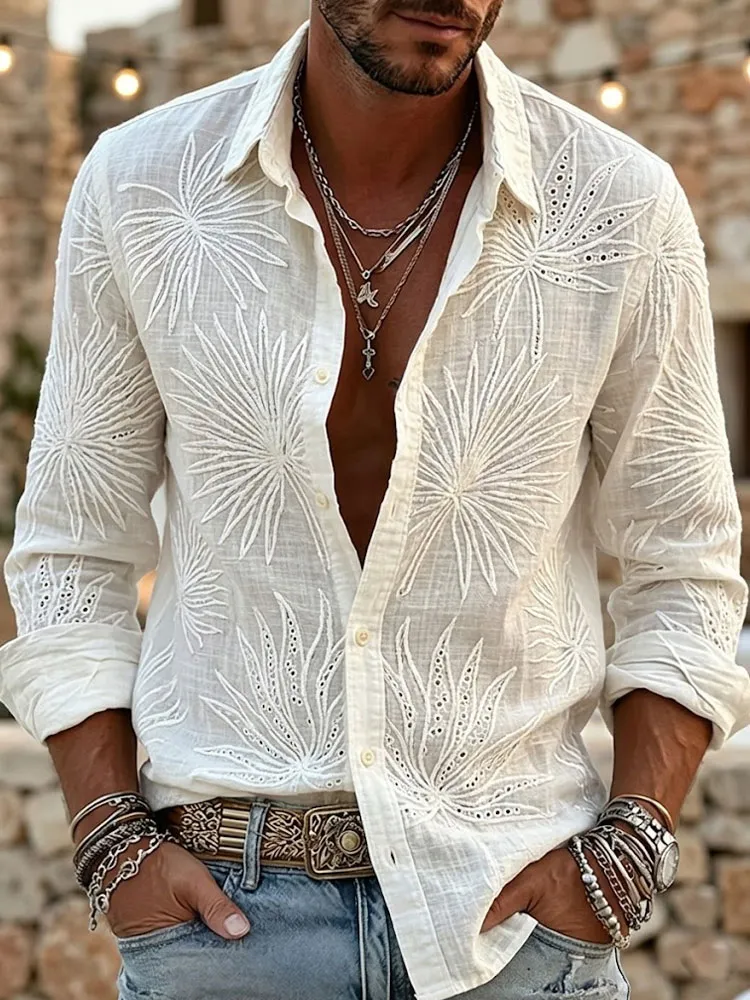 Men's Vintage West Coast Palms Embroidery Art Cozy Linen Blouse