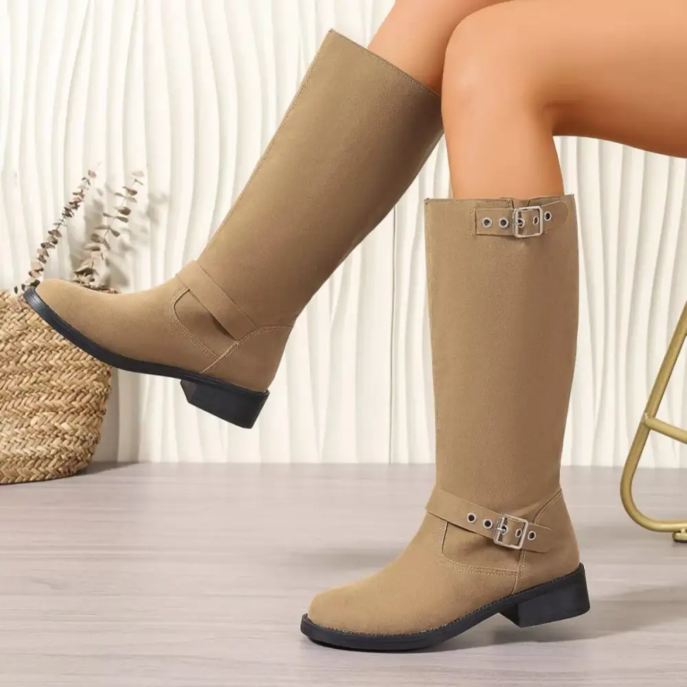 Textured Round Toe Block Heel Boots
