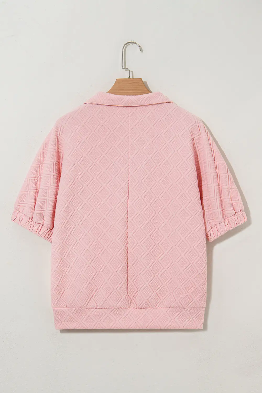 Light Pink Contrast Striped Collar Patchwork Textured Half Sleeve Blouse