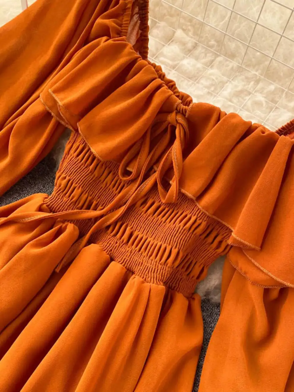 Ruffle Square Neck Balloon Sleeve a Line Dress