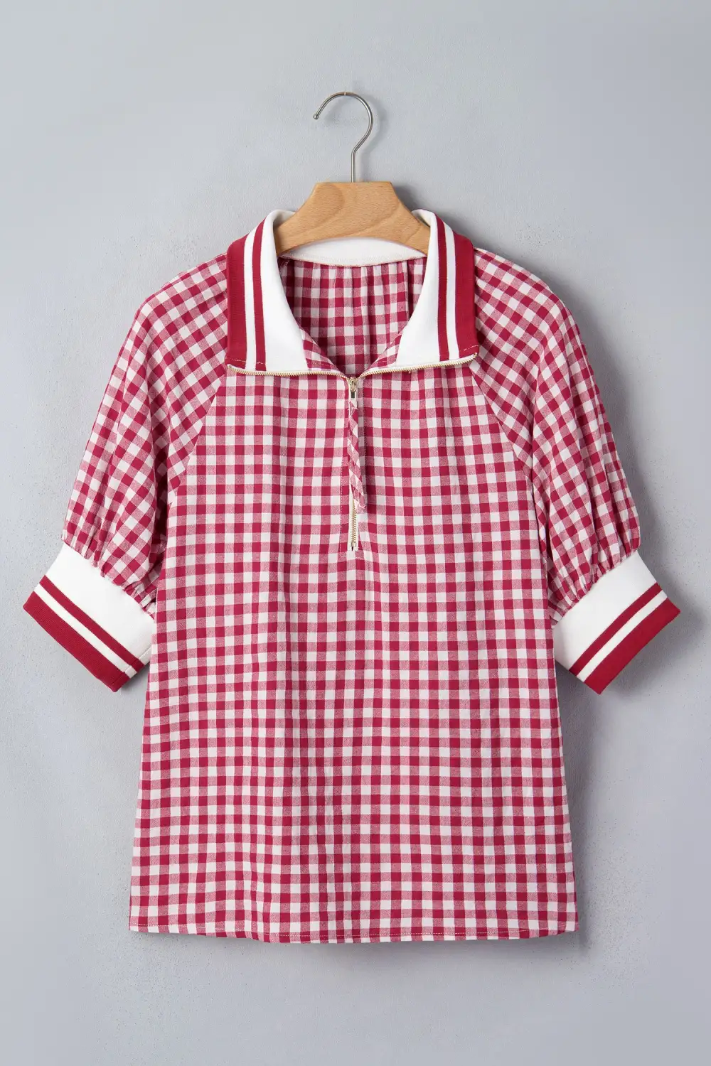Red Gingham Striped Patchwork Half Zip Blouse