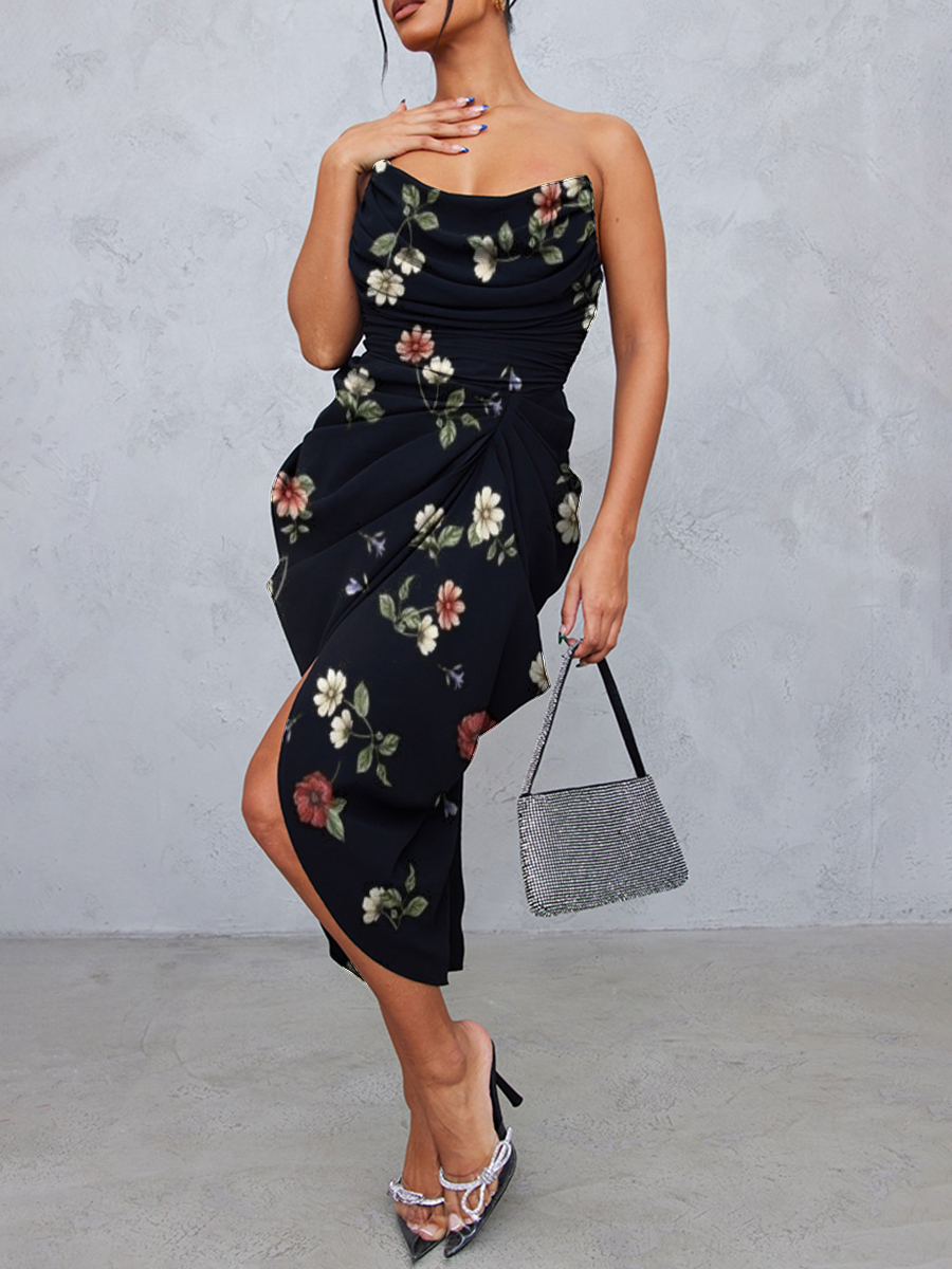 Black Chiffon Corset Bandeau Draped Midi Dress