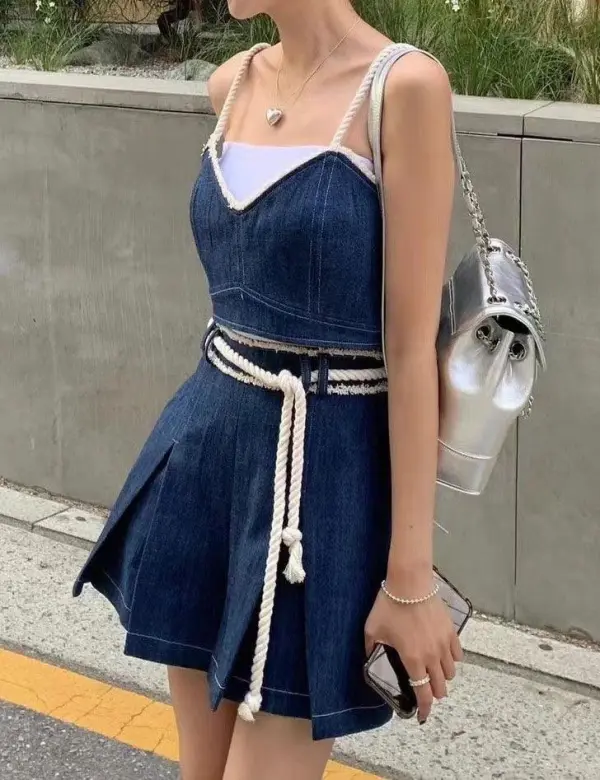 Strap Shoulder Denim Mini Dress