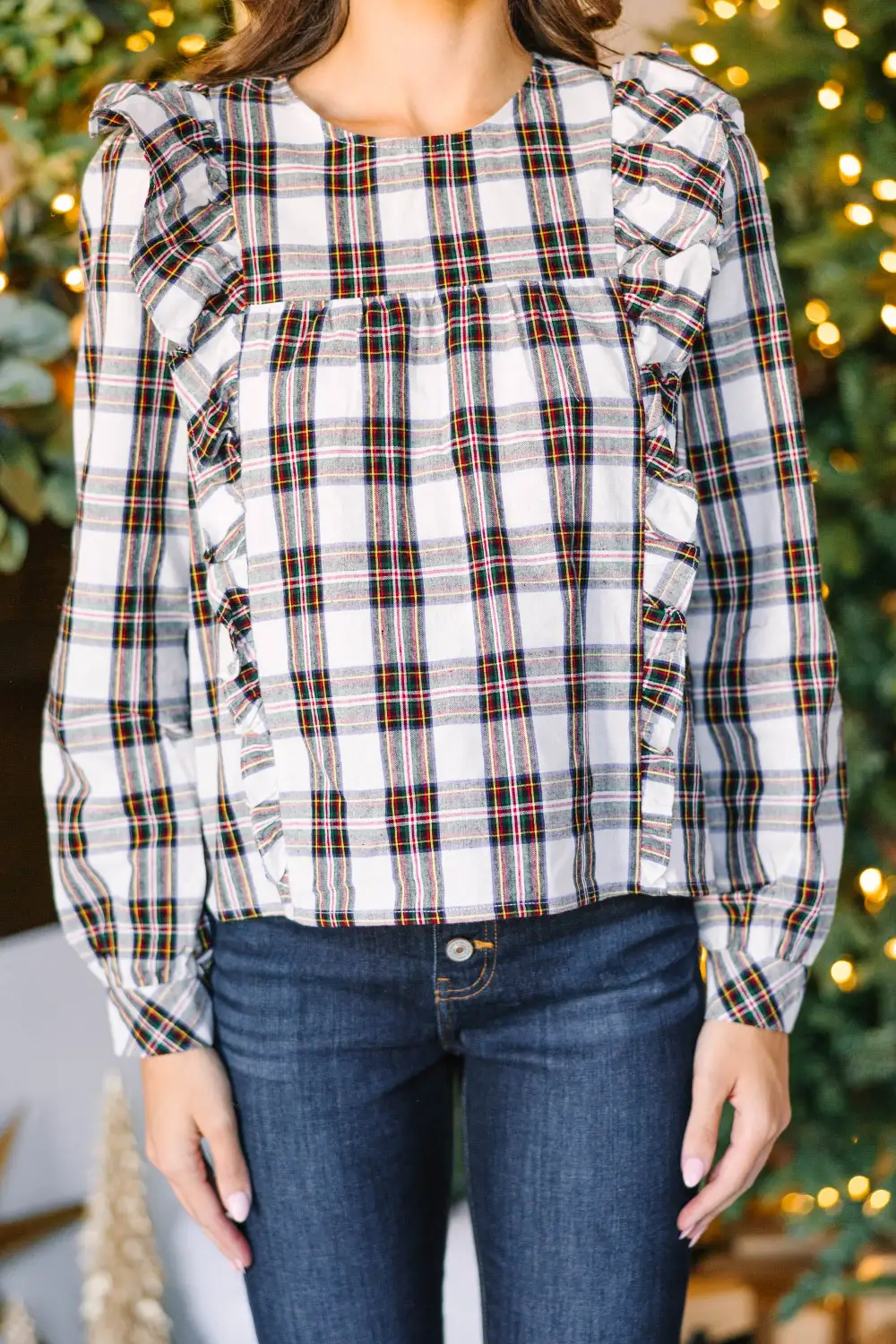 Such A Gift White Plaid Ruffled Blouse