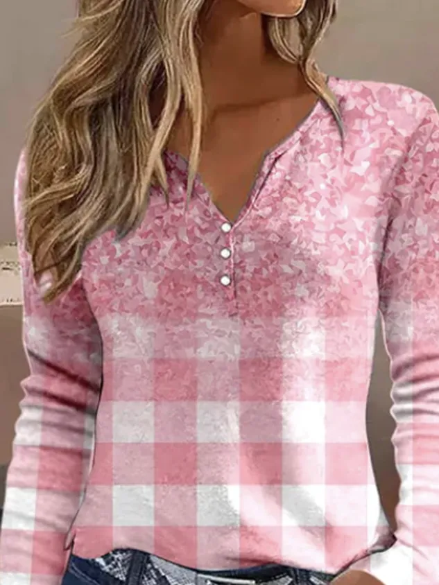 Casual Plaid Notched Long Sleeve T-shirt