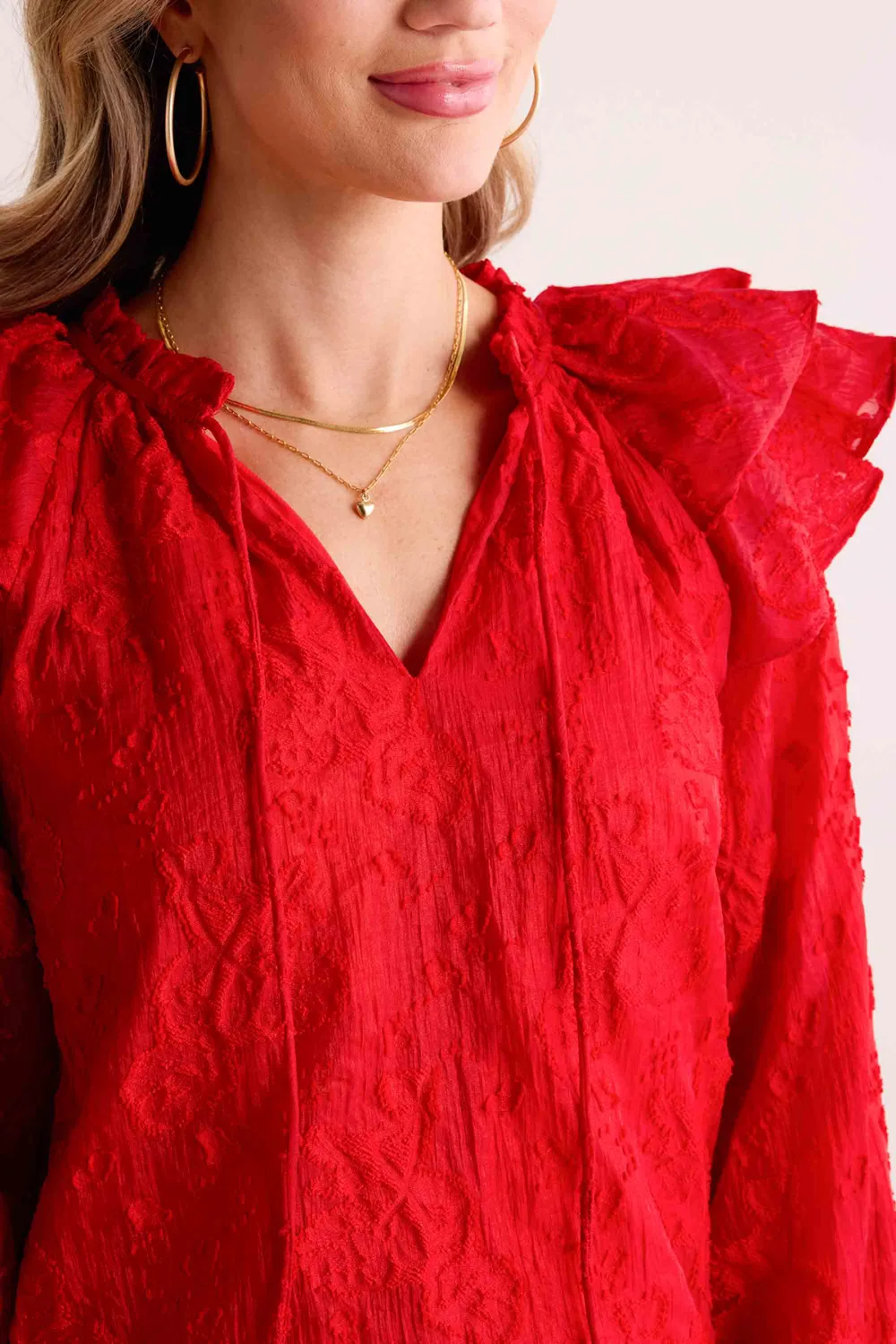 Red Ruffled Sleeve V-Neck Long Sleeve Blouse