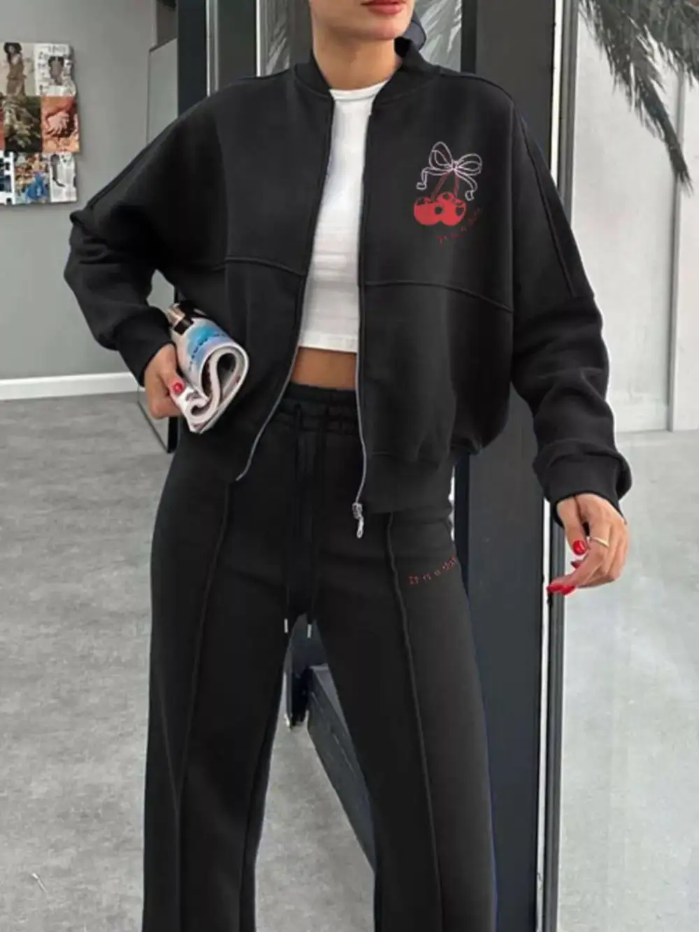 Zip Up Dropped Shoulder Outerwear and Pants Set