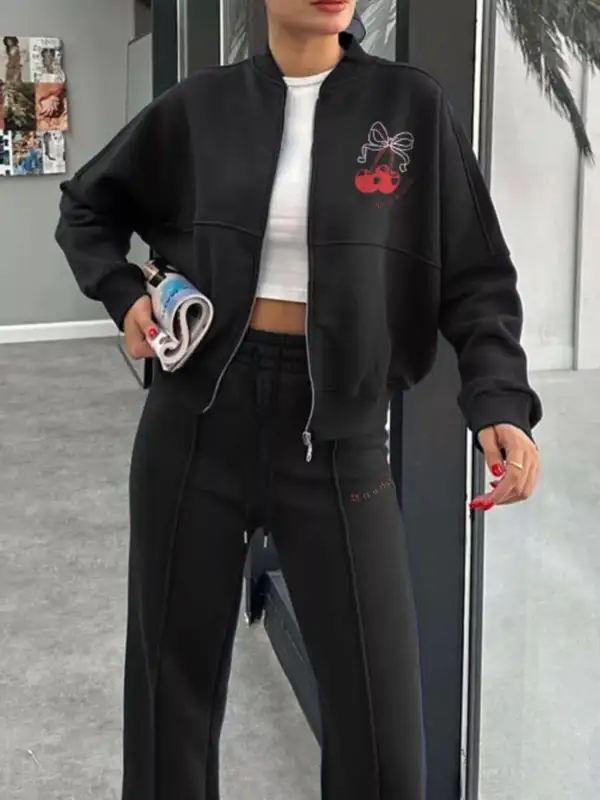 Zip Up Dropped Shoulder Outerwear and Pants Set
