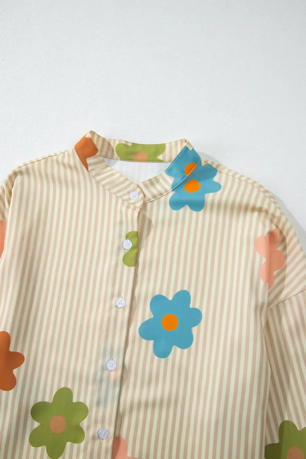 Apricot Stripe Flower Print Collared Button-Up Loose Fit Shirt