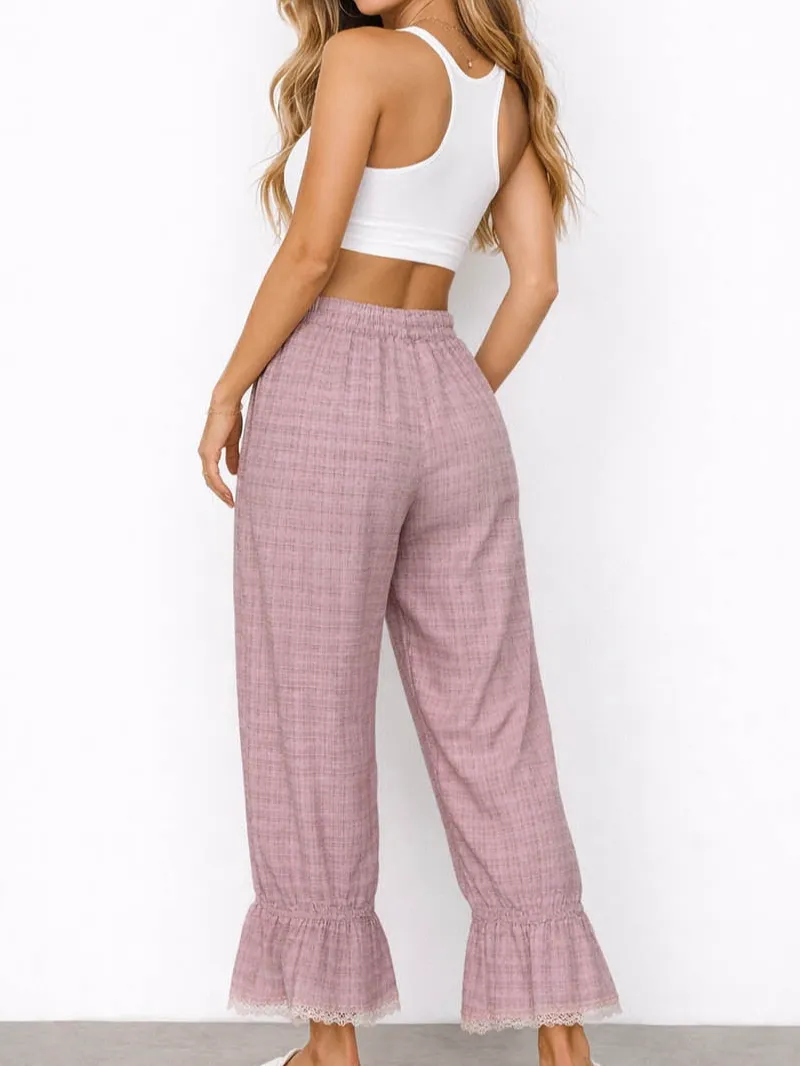 Elastic Waist Lace Hem Pocket Lantern Pants