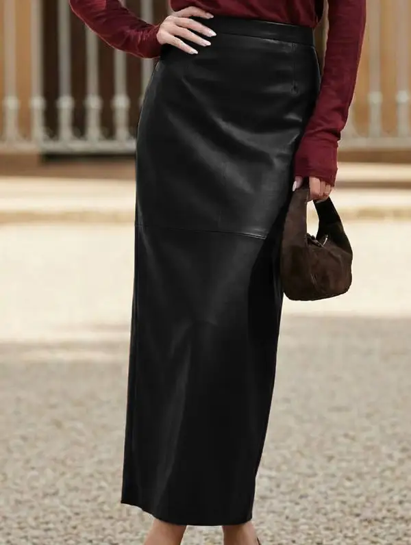 Leather Look Pencil Slit Midi Skirt