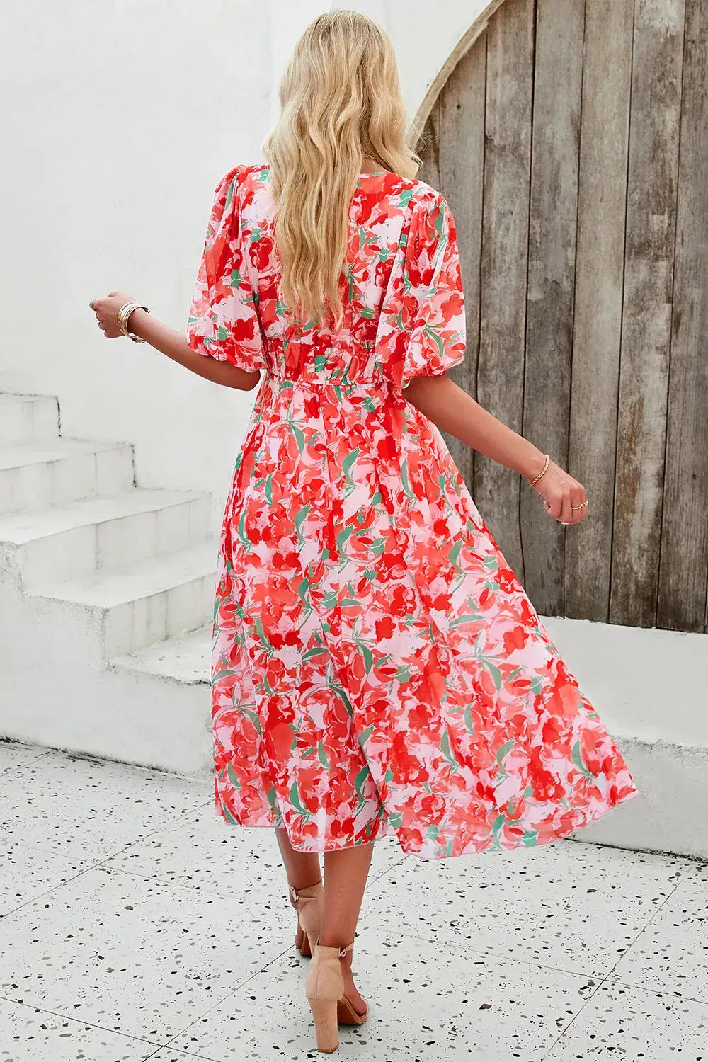 Smocked Printed V Neck Casual Dress