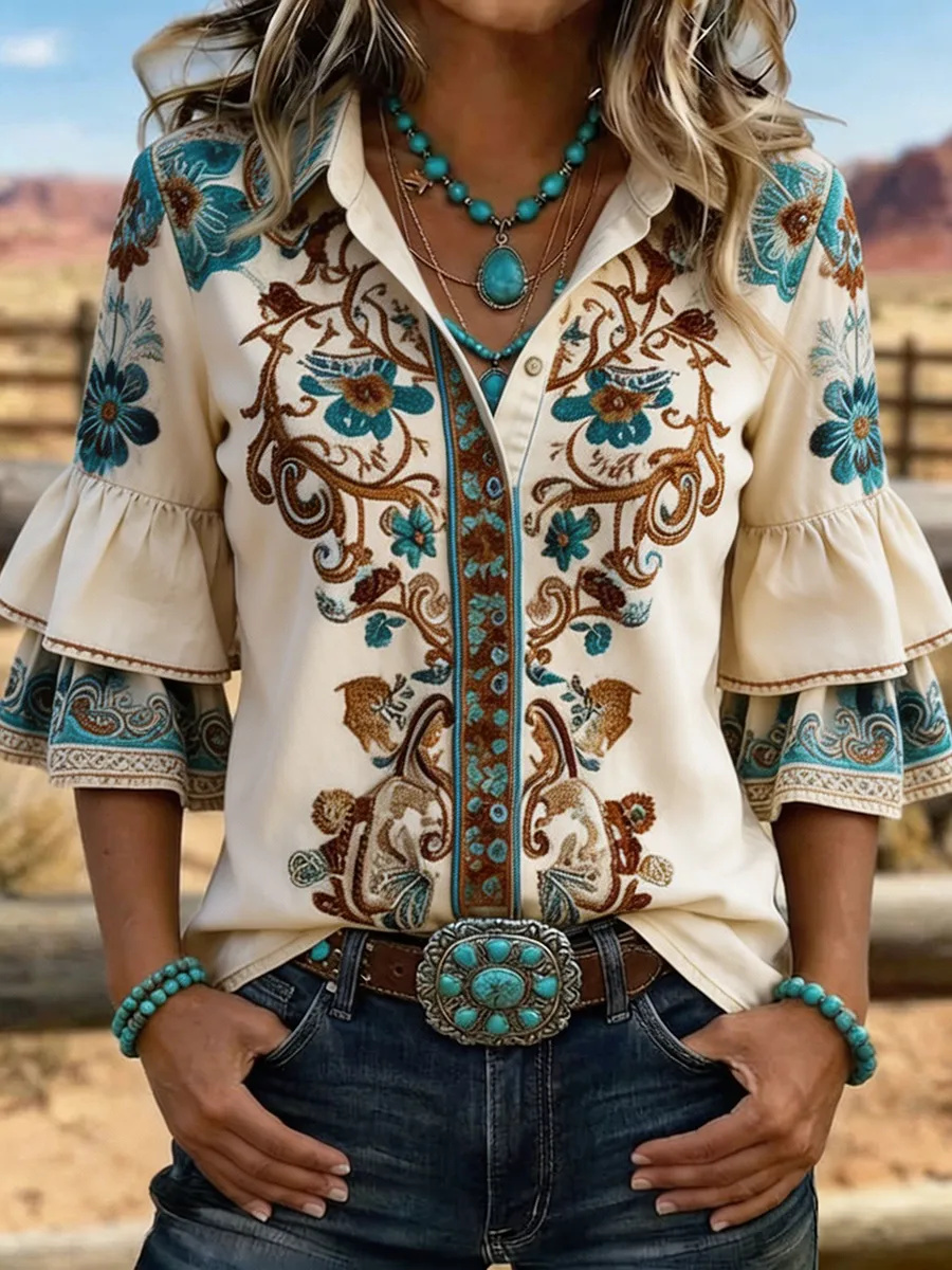 Women's Western Floral Embroidered Denim Bell Sleeve Shirt
