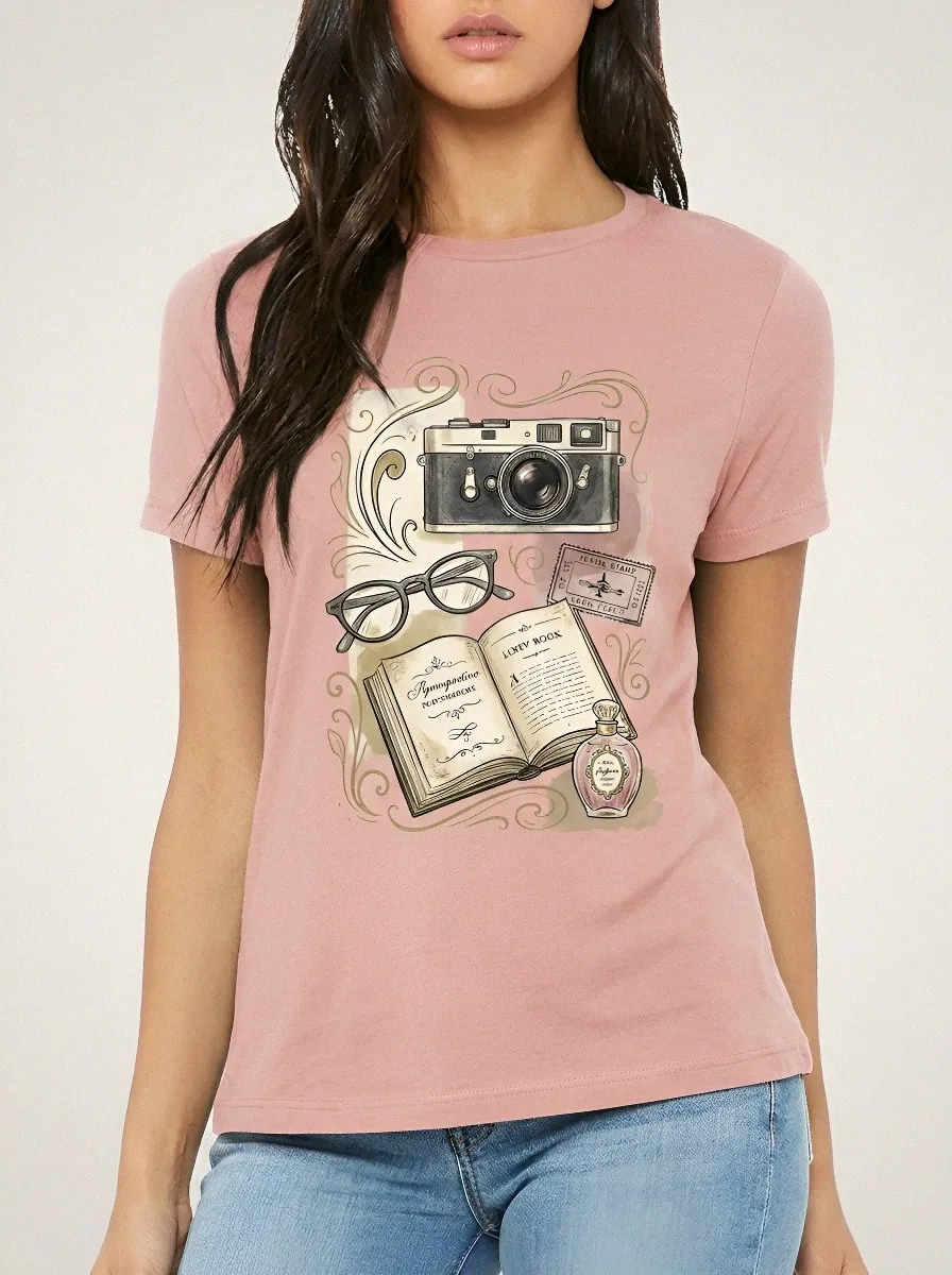 Women's Vintage Reader Camera Book Glasses Printed T-shirt