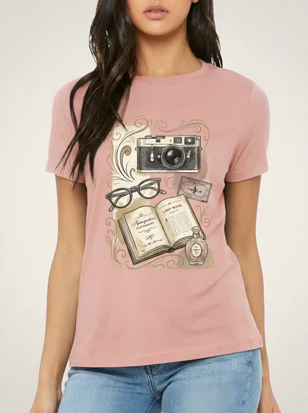 Women's Vintage Reader Camera Book Glasses Printed T-shirt
