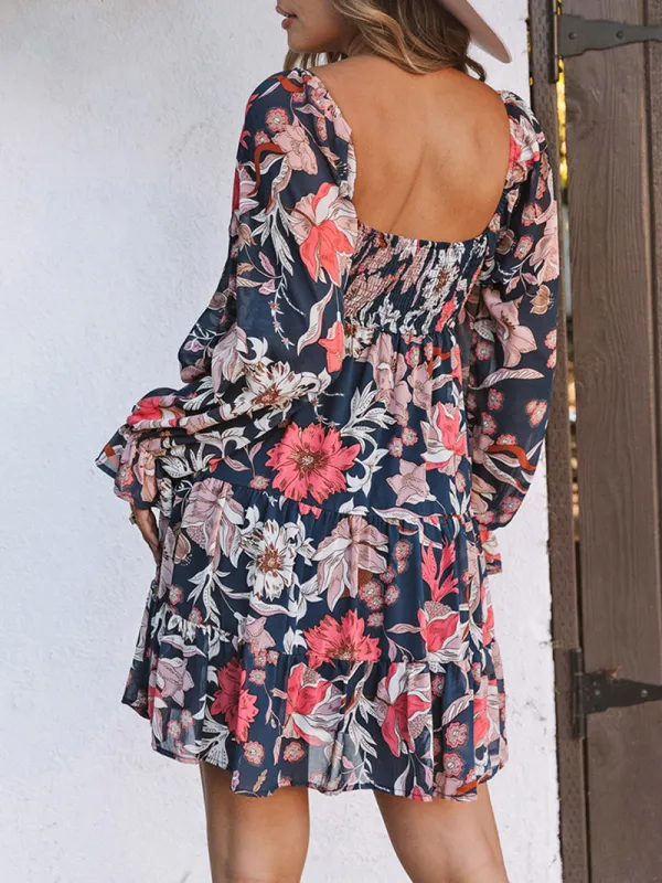 Blue Floral Tiered Long Puff Sleeve Mini Dress