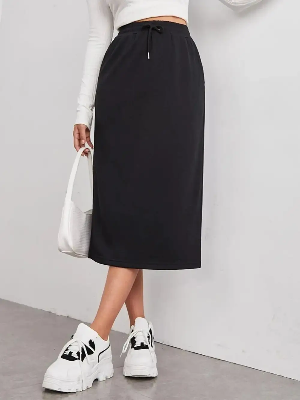 Drawstring Side Slit Midi Skirt