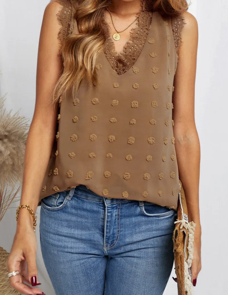 Swiss Dot Lace Stitching V Neck Tank Top