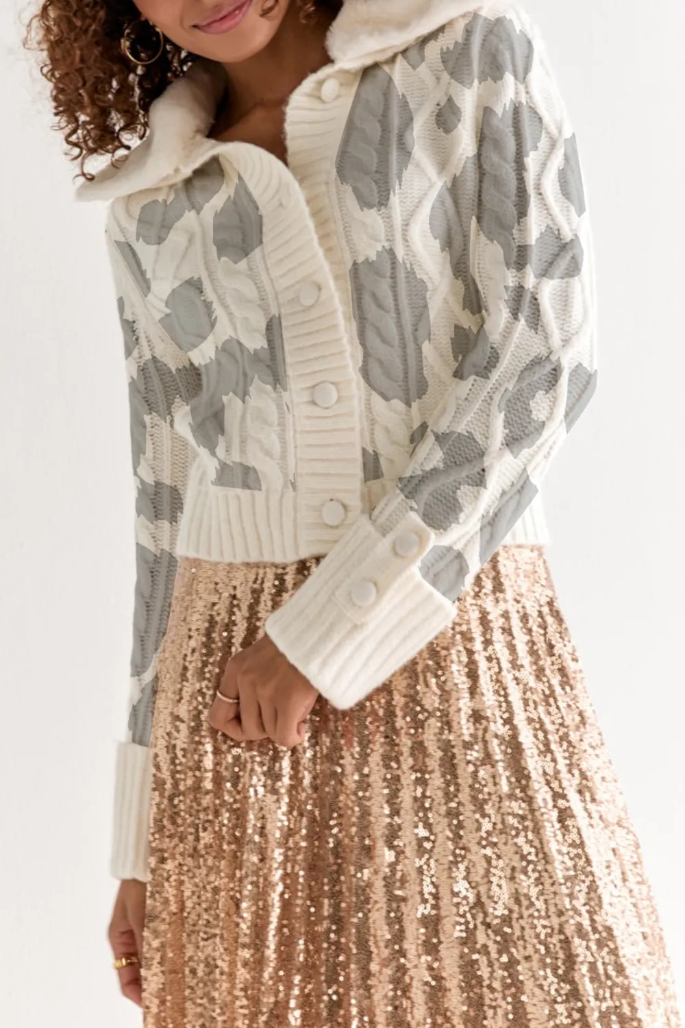 Estela Cable Faux Fur Collar Cardigan