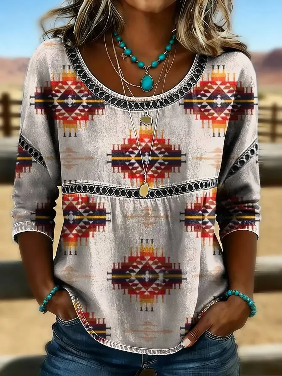 Women's Retro Western Aztec Print Casual T-shirt