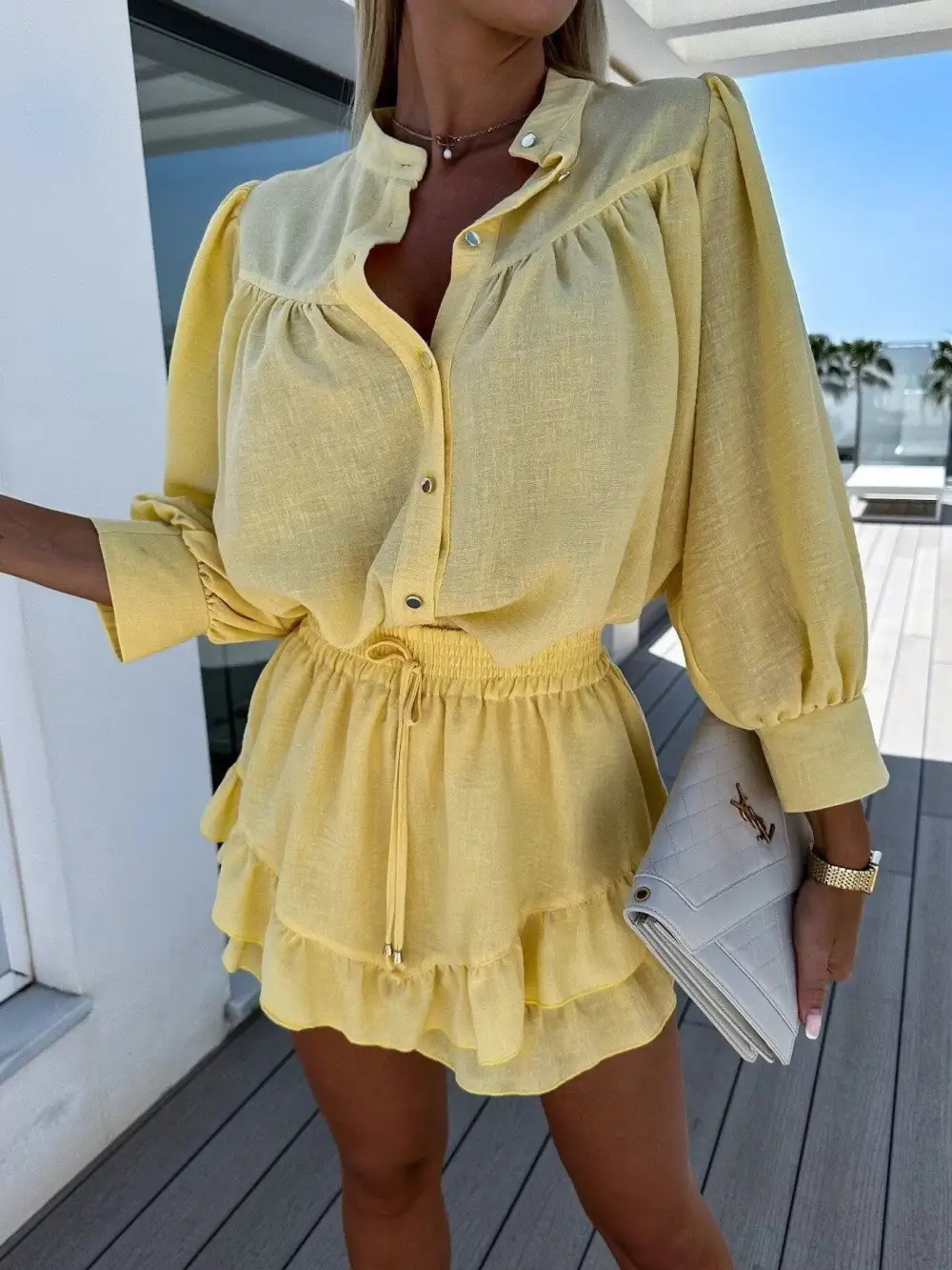 Airy Button Front Ruffle Trim Coordinated Set