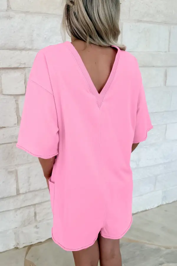 Raw Edge Half Sleeve Pocketed Loose Romper